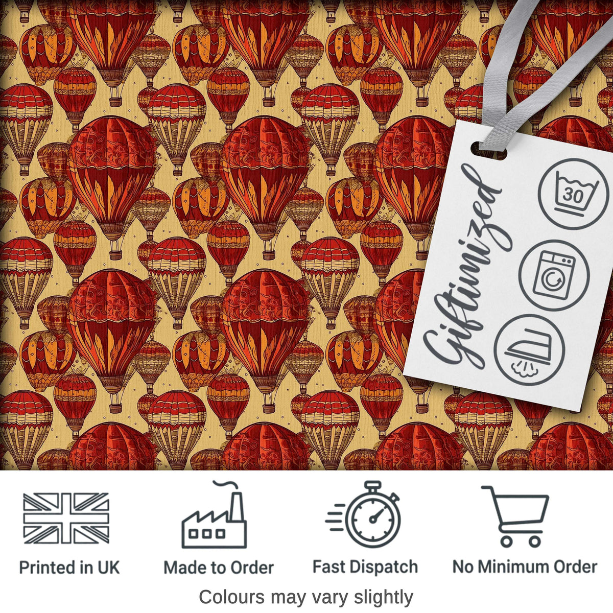 Vintage Red Hot Air Balloons Sky Travel Seamless Pattern Digital Print Fabric by the Metre UK Sewing Quilting Textile