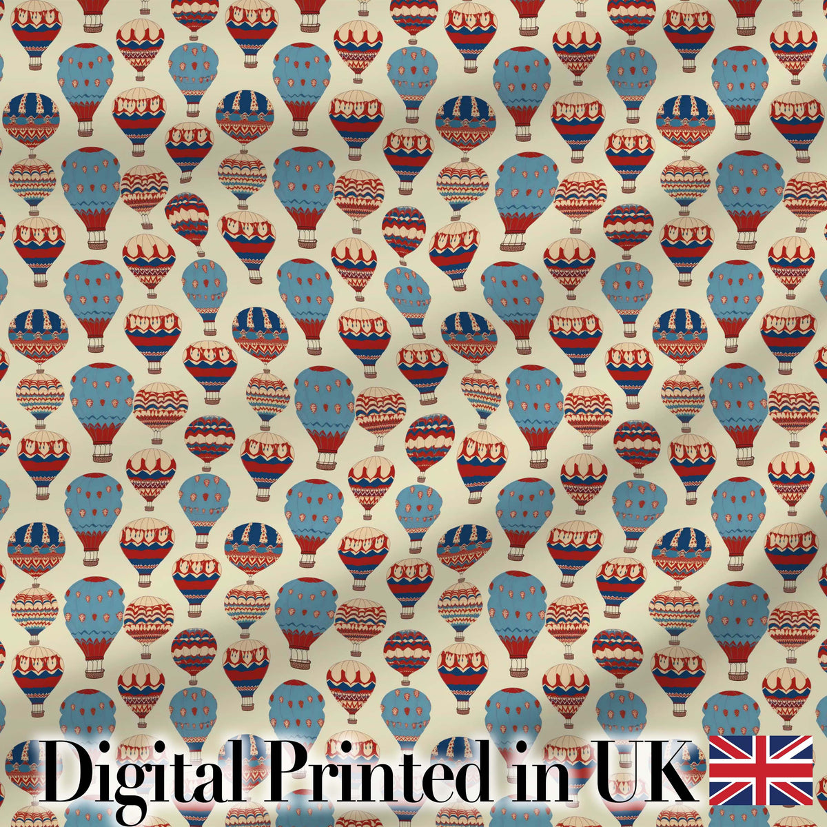 Colorful Blue Red Hot Air Balloons Seamless Pattern Digital Print Fabric by the Metre UK Sewing Quilting Textile