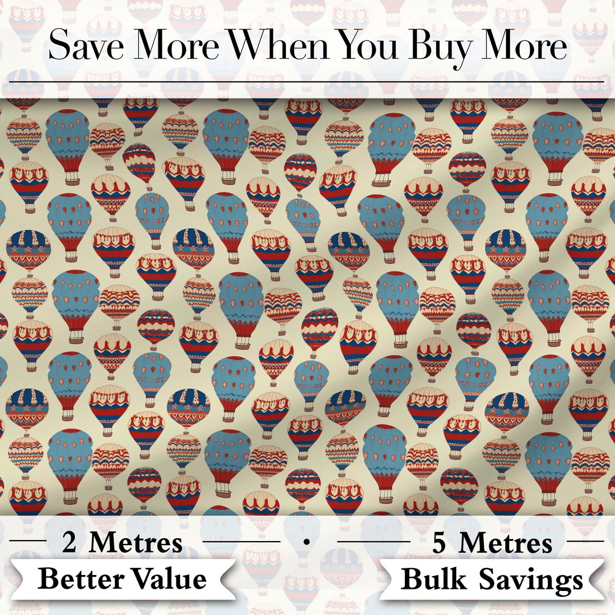 Colorful Blue Red Hot Air Balloons Seamless Pattern Digital Print Fabric by the Metre UK Sewing Quilting Textile