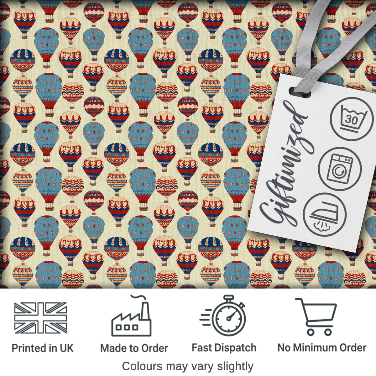 Colorful Blue Red Hot Air Balloons Seamless Pattern Digital Print Fabric by the Metre UK Sewing Quilting Textile