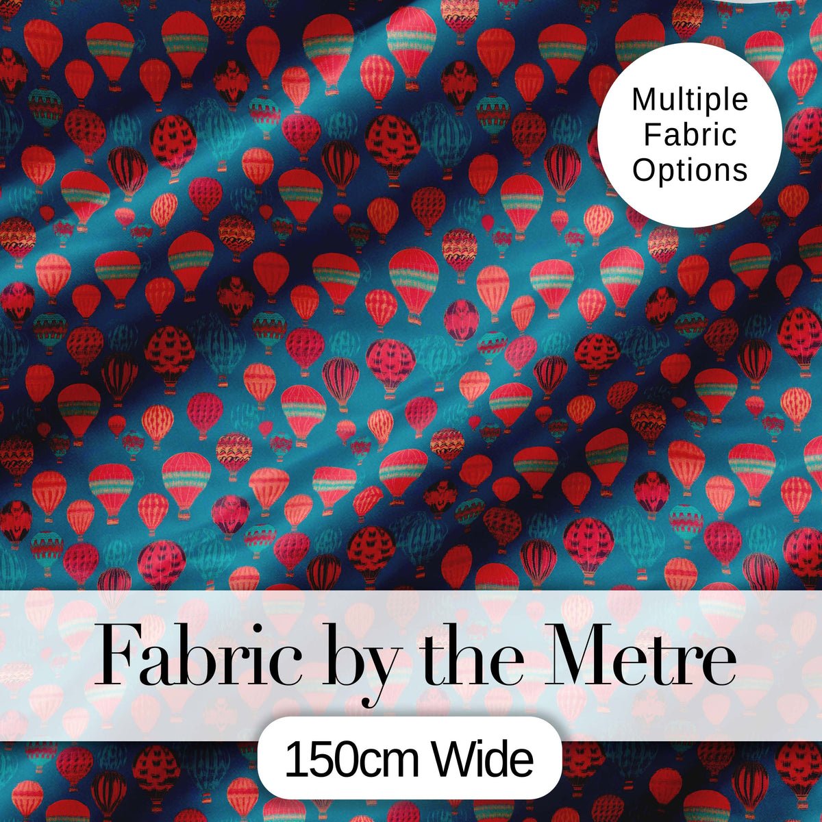 Bright Red Teal Hot Air Balloon Sky Seamless Pattern Digital Print Fabric by the Metre UK Sewing Quilting Textile
