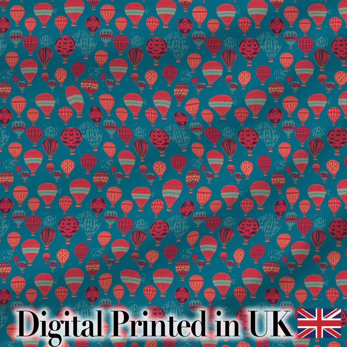 Bright Red Teal Hot Air Balloon Sky Seamless Pattern Digital Print Fabric by the Metre UK Sewing Quilting Textile