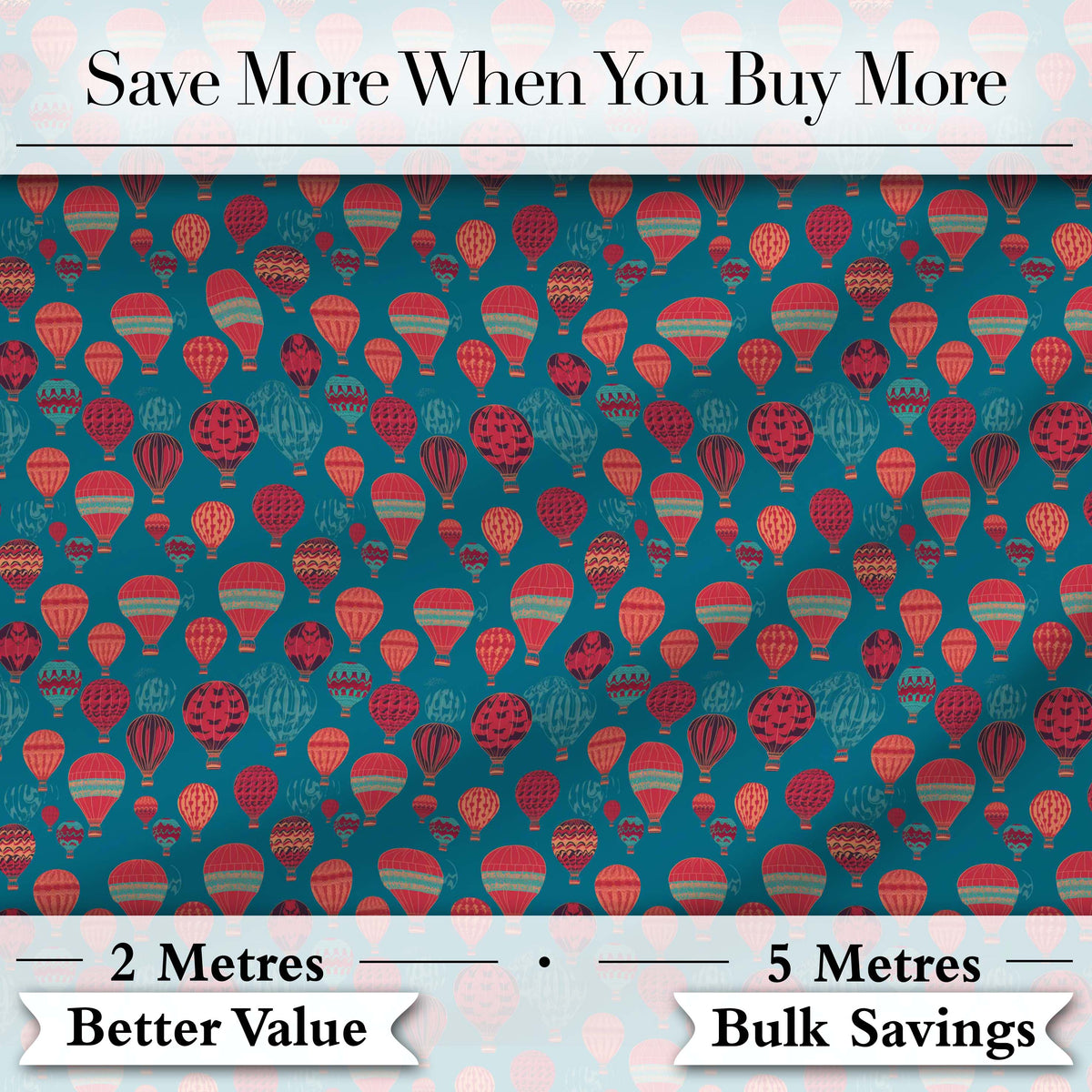 Bright Red Teal Hot Air Balloon Sky Seamless Pattern Digital Print Fabric by the Metre UK Sewing Quilting Textile