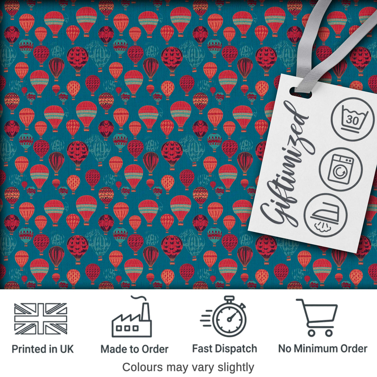 Bright Red Teal Hot Air Balloon Sky Seamless Pattern Digital Print Fabric by the Metre UK Sewing Quilting Textile