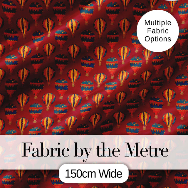 Classic Vintage Hot Air Balloon Red Background Seamless Pattern Digital Print Fabric by the Metre UK Sewing Quilting Textile