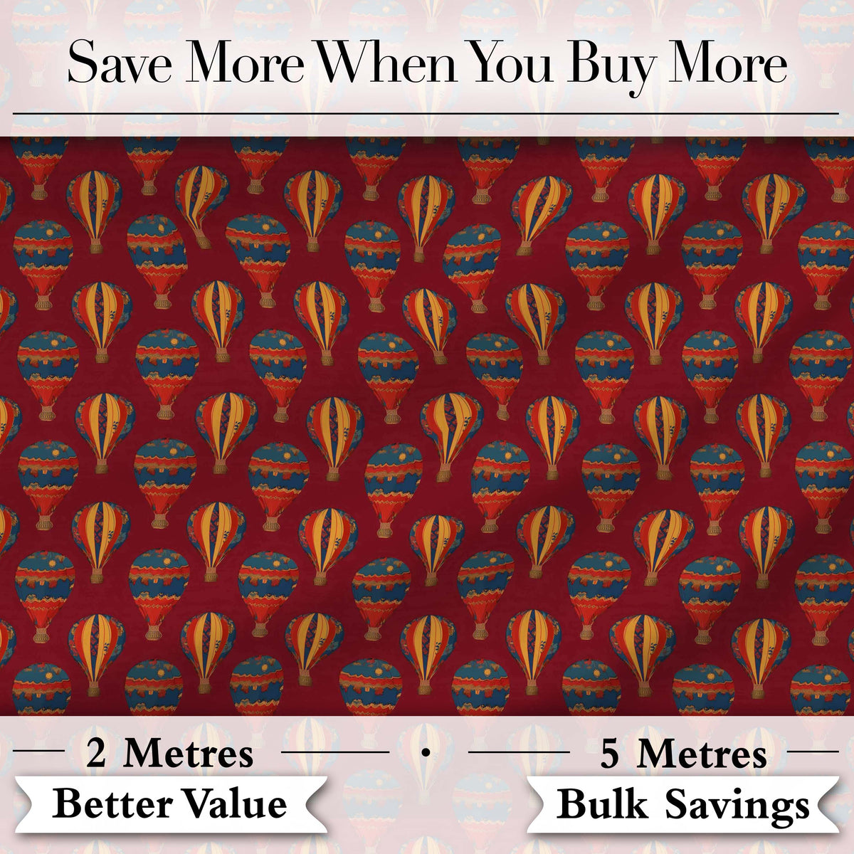 Classic Vintage Hot Air Balloon Red Background Seamless Pattern Digital Print Fabric by the Metre UK Sewing Quilting Textile