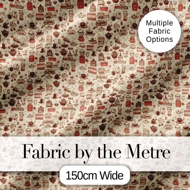 Coffee Desserts Cups and Utensils Seamless Pattern Digital Print Fabric by the Metre UK Sewing Quilting Textile