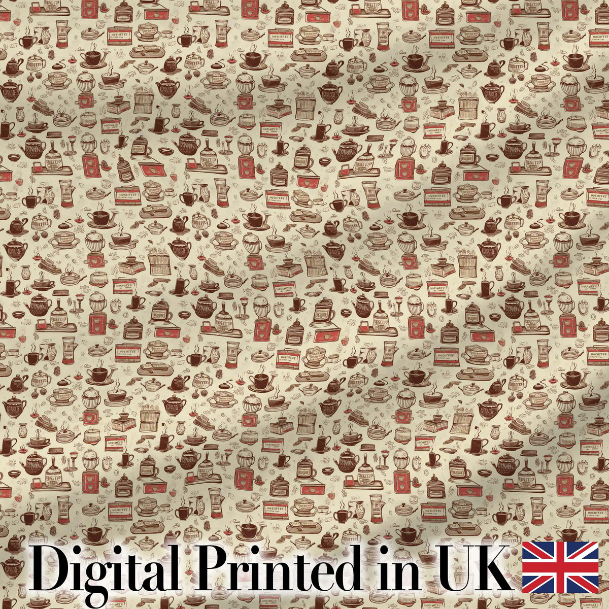 Coffee Desserts Cups and Utensils Seamless Pattern Digital Print Fabric by the Metre UK Sewing Quilting Textile