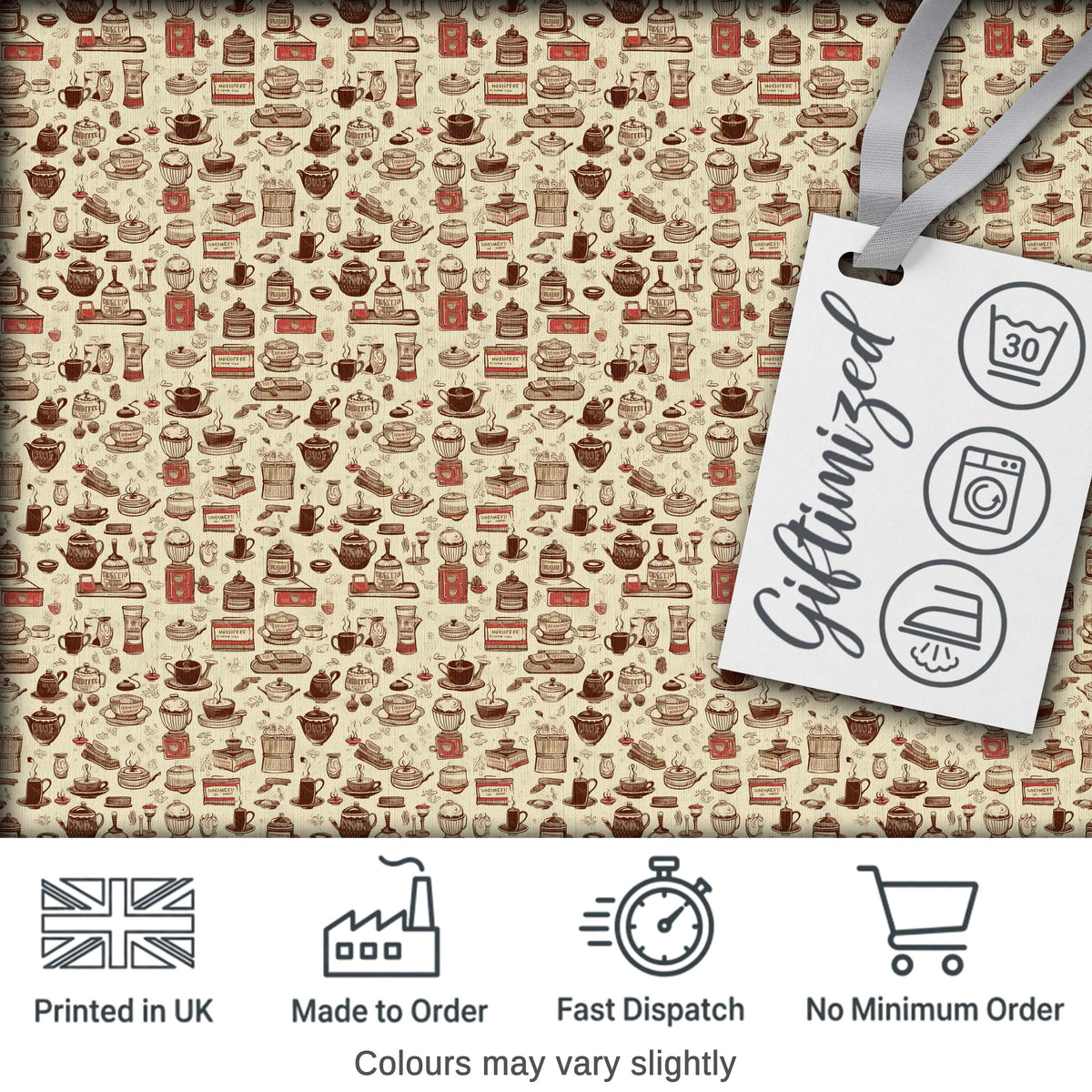 Coffee Desserts Cups and Utensils Seamless Pattern Digital Print Fabric by the Metre UK Sewing Quilting Textile