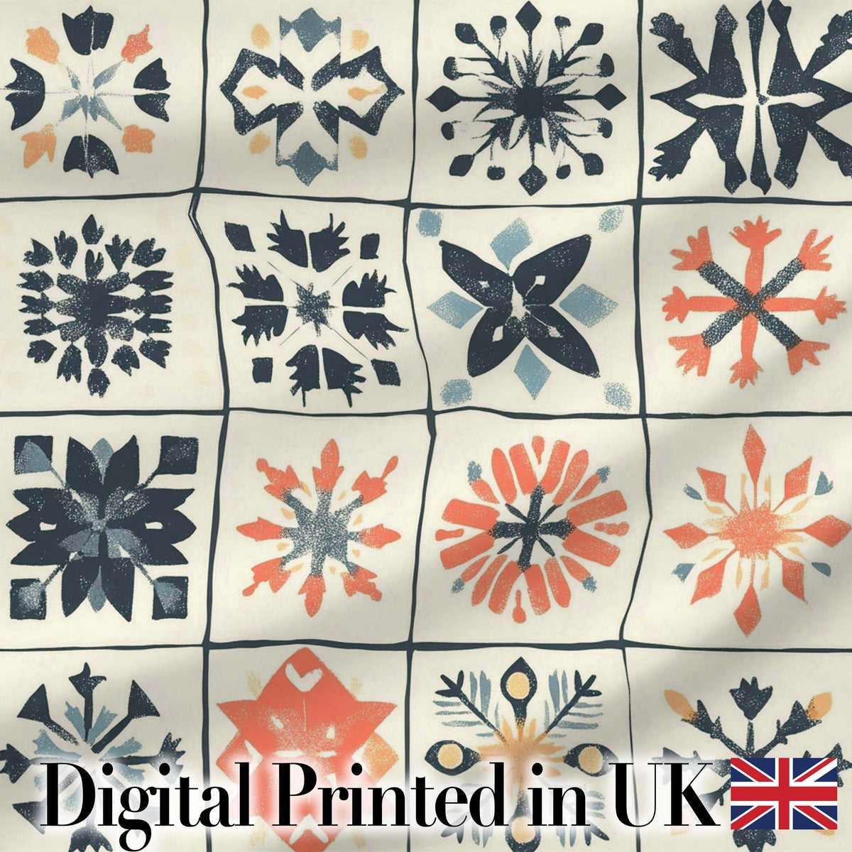 Abstract Geometric Floral Tile Motif Seamless Pattern Digital Print Fabric by the Metre UK Sewing Quilting Textile