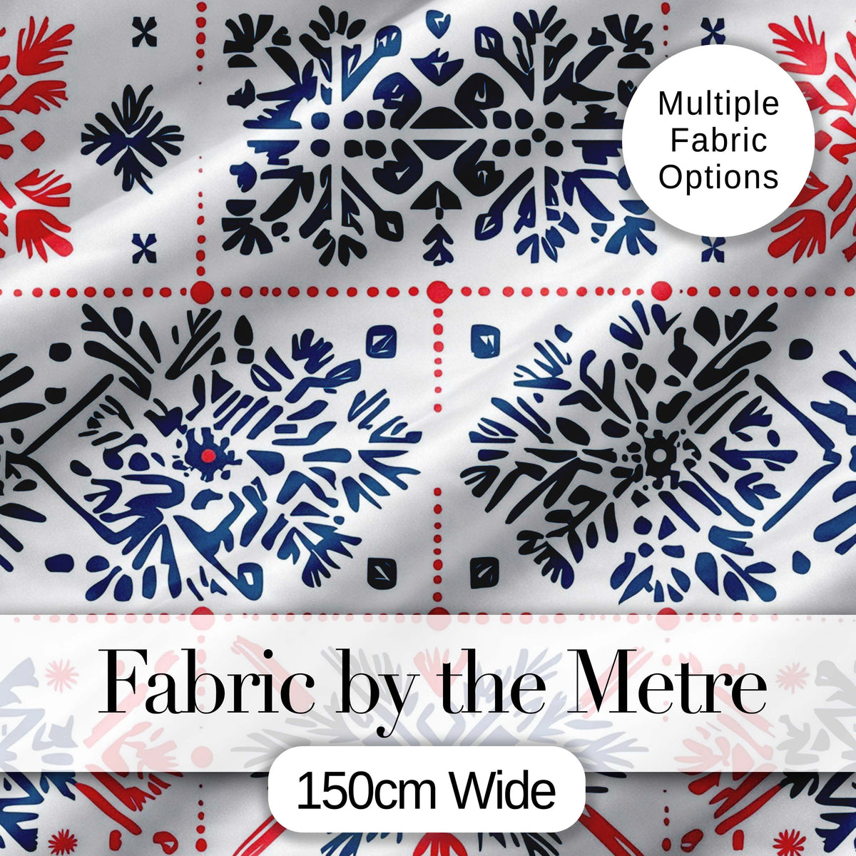 Folk Art Blue and Red Floral Symmetry Seamless Pattern Digital Print Fabric by the Metre UK Sewing Quilting Textile