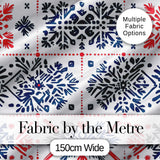 Folk Art Blue and Red Floral Symmetry Seamless Pattern Digital Print Fabric by the Metre UK Sewing Quilting Textile