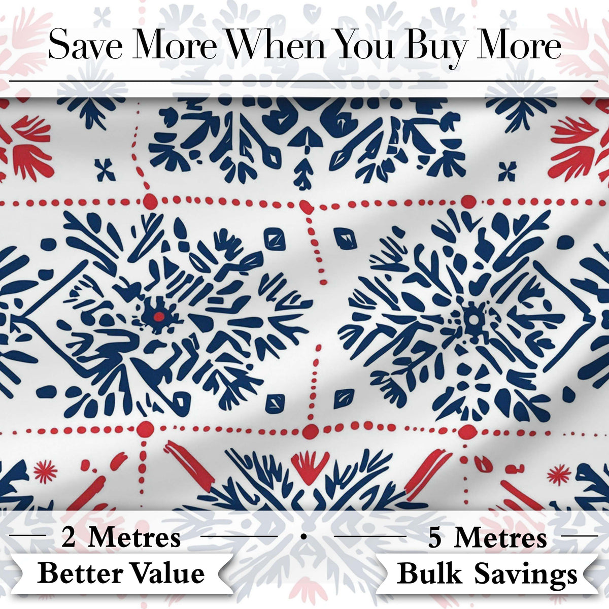 Folk Art Blue and Red Floral Symmetry Seamless Pattern Digital Print Fabric by the Metre UK Sewing Quilting Textile