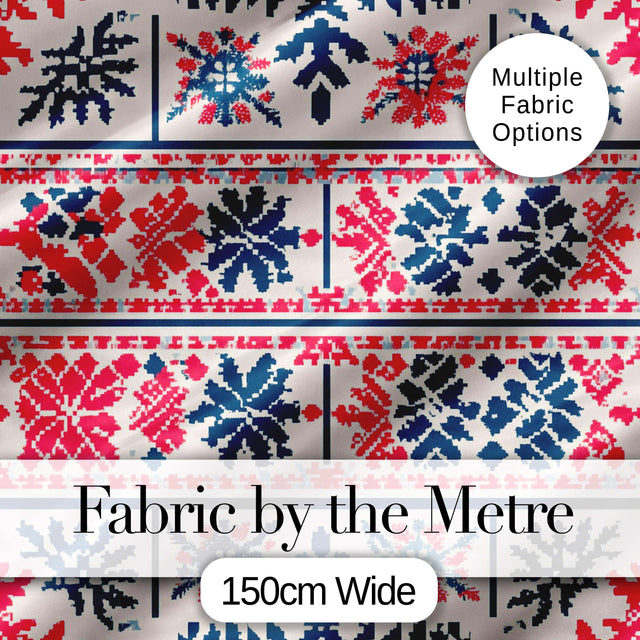 Nordic Folk Pattern with Blue and Red Motifs Seamless Pattern Digital Print Fabric by the Metre UK Sewing Quilting Textile