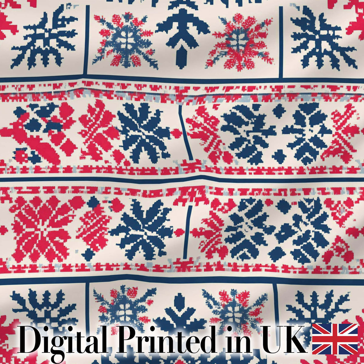 Nordic Folk Pattern with Blue and Red Motifs Seamless Pattern Digital Print Fabric by the Metre UK Sewing Quilting Textile