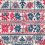 Nordic Folk Pattern with Blue and Red Motifs Seamless Pattern Digital Print Fabric by the Metre UK Sewing Quilting Textile