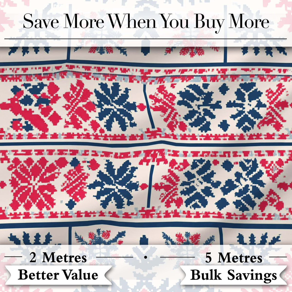 Nordic Folk Pattern with Blue and Red Motifs Seamless Pattern Digital Print Fabric by the Metre UK Sewing Quilting Textile