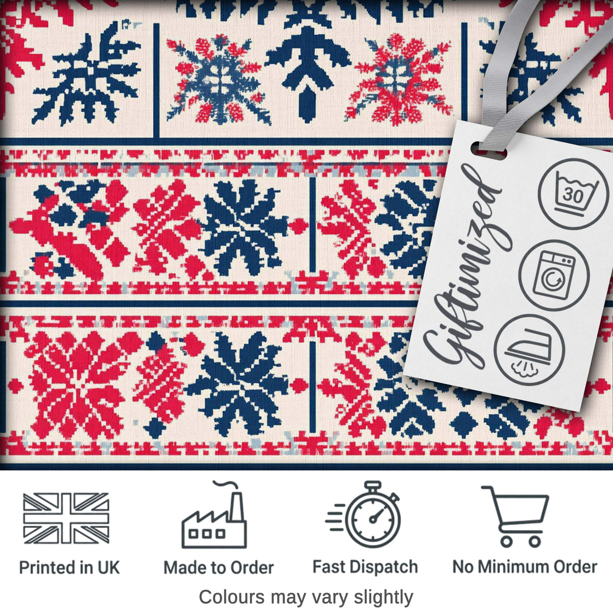 Nordic Folk Pattern with Blue and Red Motifs Seamless Pattern Digital Print Fabric by the Metre UK Sewing Quilting Textile