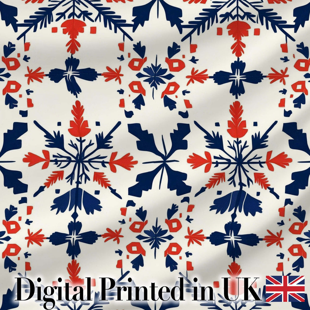 Scandinavian Folk Art Red Blue Floral Seamless Pattern Digital Print Fabric by the Metre UK Sewing Quilting Textile