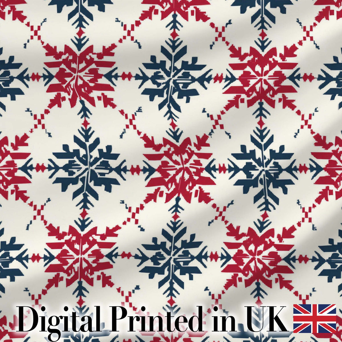 Nordic Snowflake Style Red Blue Geometric Seamless Pattern Digital Print Fabric by the Metre UK Sewing Quilting Textile
