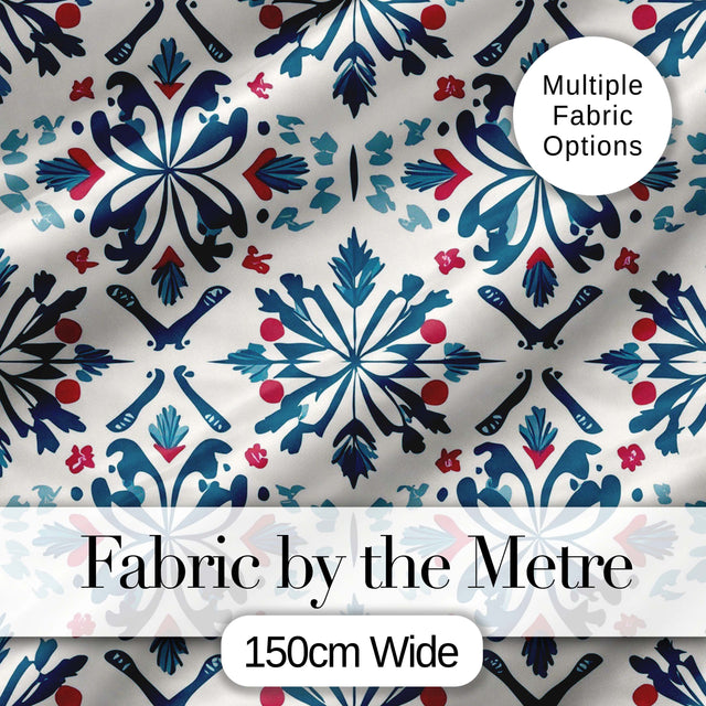 Folk Art Floral Symmetry Blue Red Seamless Pattern Digital Print Fabric by the Metre UK Sewing Quilting Textile