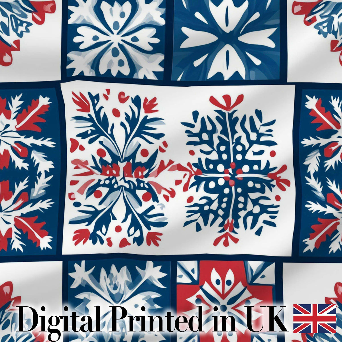 Decorative Tile Folk Pattern Blue Red Seamless Pattern Digital Print Fabric by the Metre UK Sewing Quilting Textile