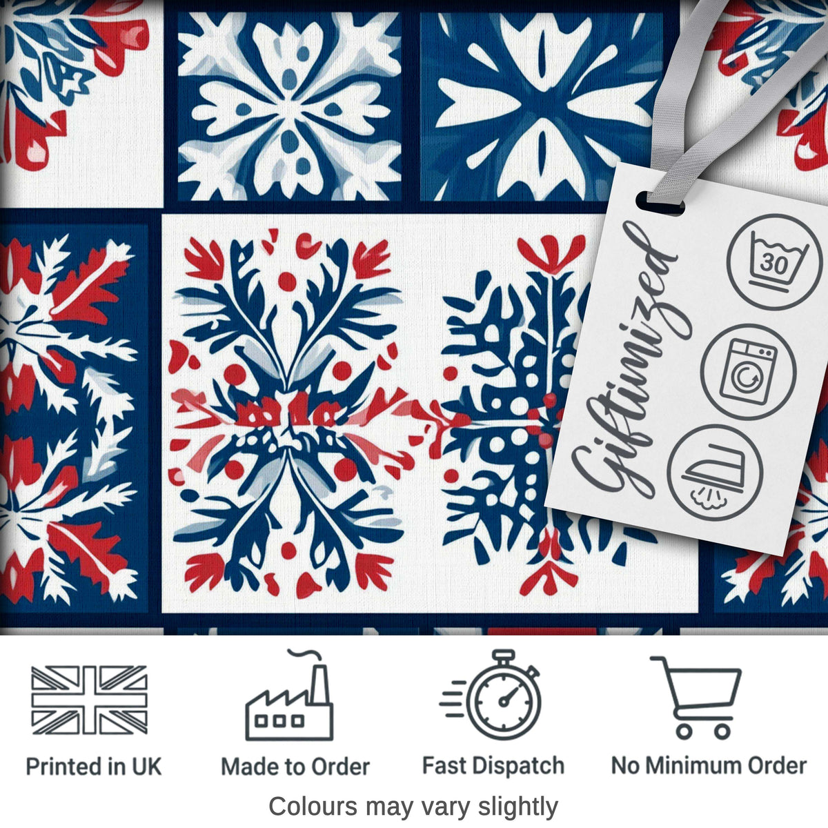 Decorative Tile Folk Pattern Blue Red Seamless Pattern Digital Print Fabric by the Metre UK Sewing Quilting Textile