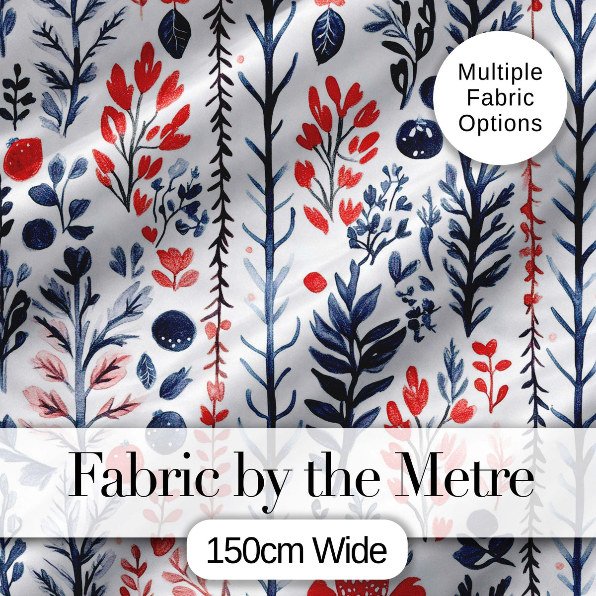 Scandinavian Botanical Red Blue Leaves Seamless Pattern Digital Print Fabric by the Metre UK Sewing Quilting Textile
