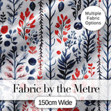 Scandinavian Botanical Red Blue Leaves Seamless Pattern Digital Print Fabric by the Metre UK Sewing Quilting Textile