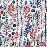 Scandinavian Botanical Red Blue Leaves Seamless Pattern Digital Print Fabric by the Metre UK Sewing Quilting Textile