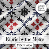 Nordic Folk Floral Grid Blue Red Seamless Pattern Digital Print Fabric by the Metre UK Sewing Quilting Textile