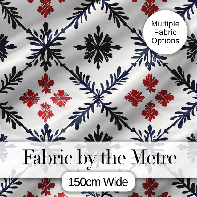 Nordic Folk Floral Grid Blue Red Seamless Pattern Digital Print Fabric by the Metre UK Sewing Quilting Textile