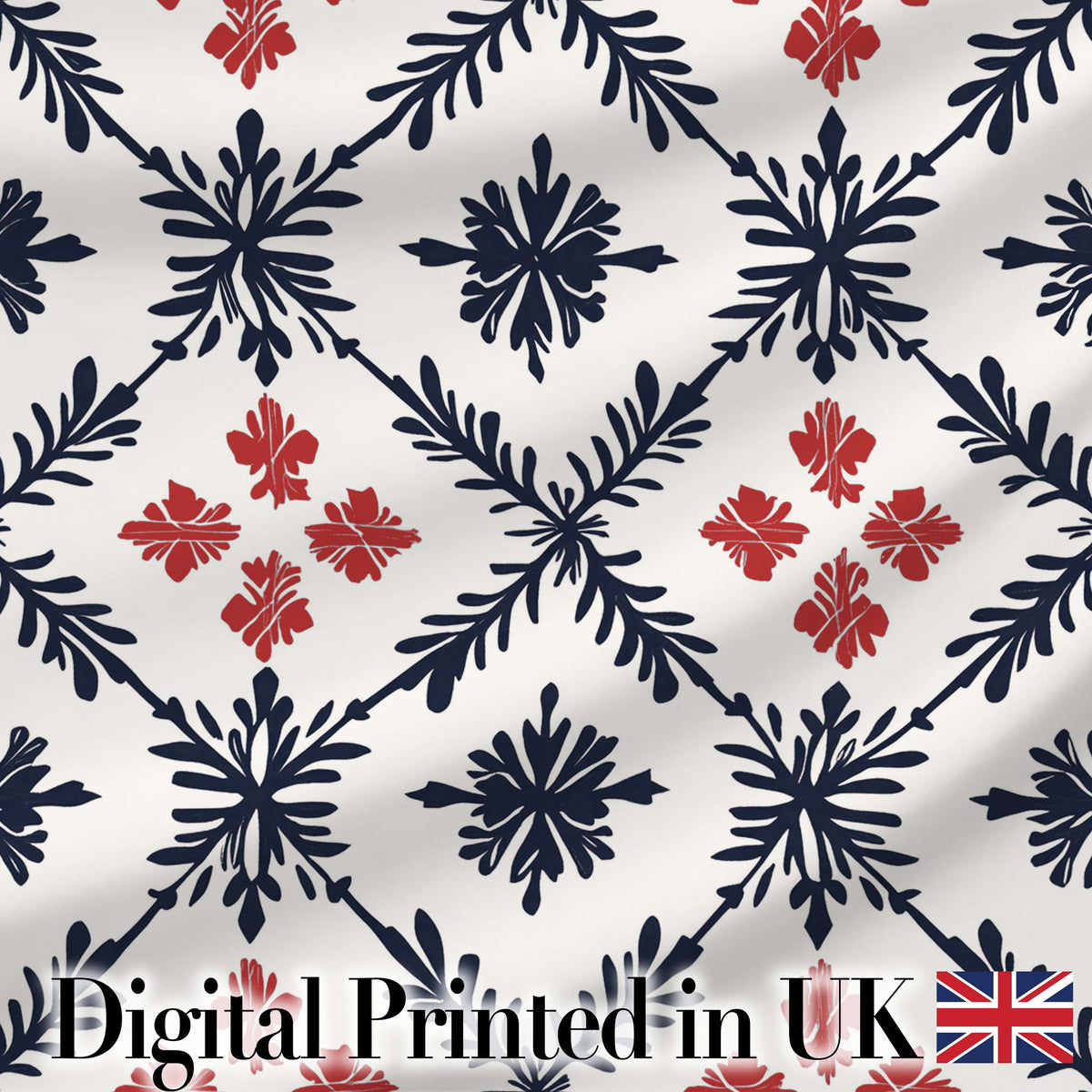 Nordic Folk Floral Grid Blue Red Seamless Pattern Digital Print Fabric by the Metre UK Sewing Quilting Textile