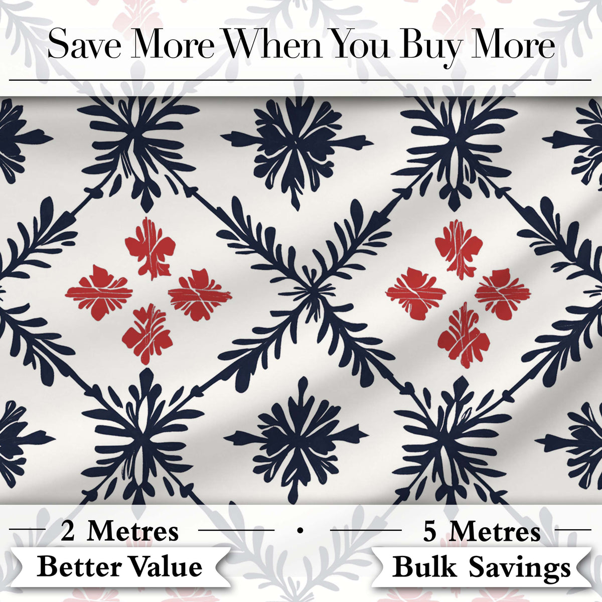 Nordic Folk Floral Grid Blue Red Seamless Pattern Digital Print Fabric by the Metre UK Sewing Quilting Textile