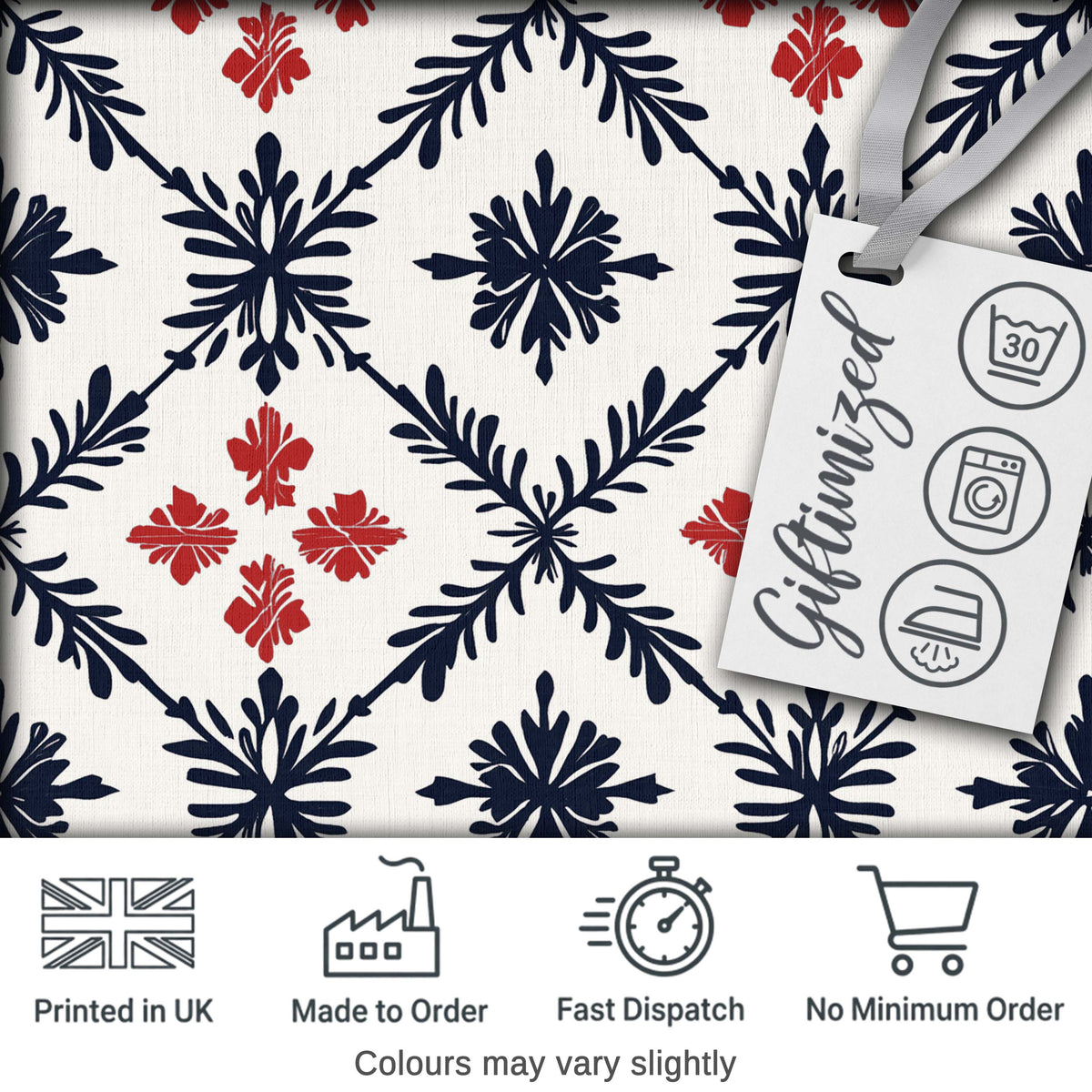 Nordic Folk Floral Grid Blue Red Seamless Pattern Digital Print Fabric by the Metre UK Sewing Quilting Textile