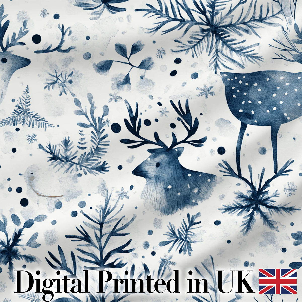 Winter Woodland Deer Snowflake Blue Seamless Pattern Digital Print Fabric by the Metre UK Sewing Quilting Textile