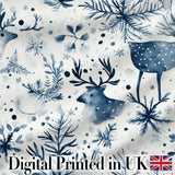 Winter Woodland Deer Snowflake Blue Seamless Pattern Digital Print Fabric by the Metre UK Sewing Quilting Textile
