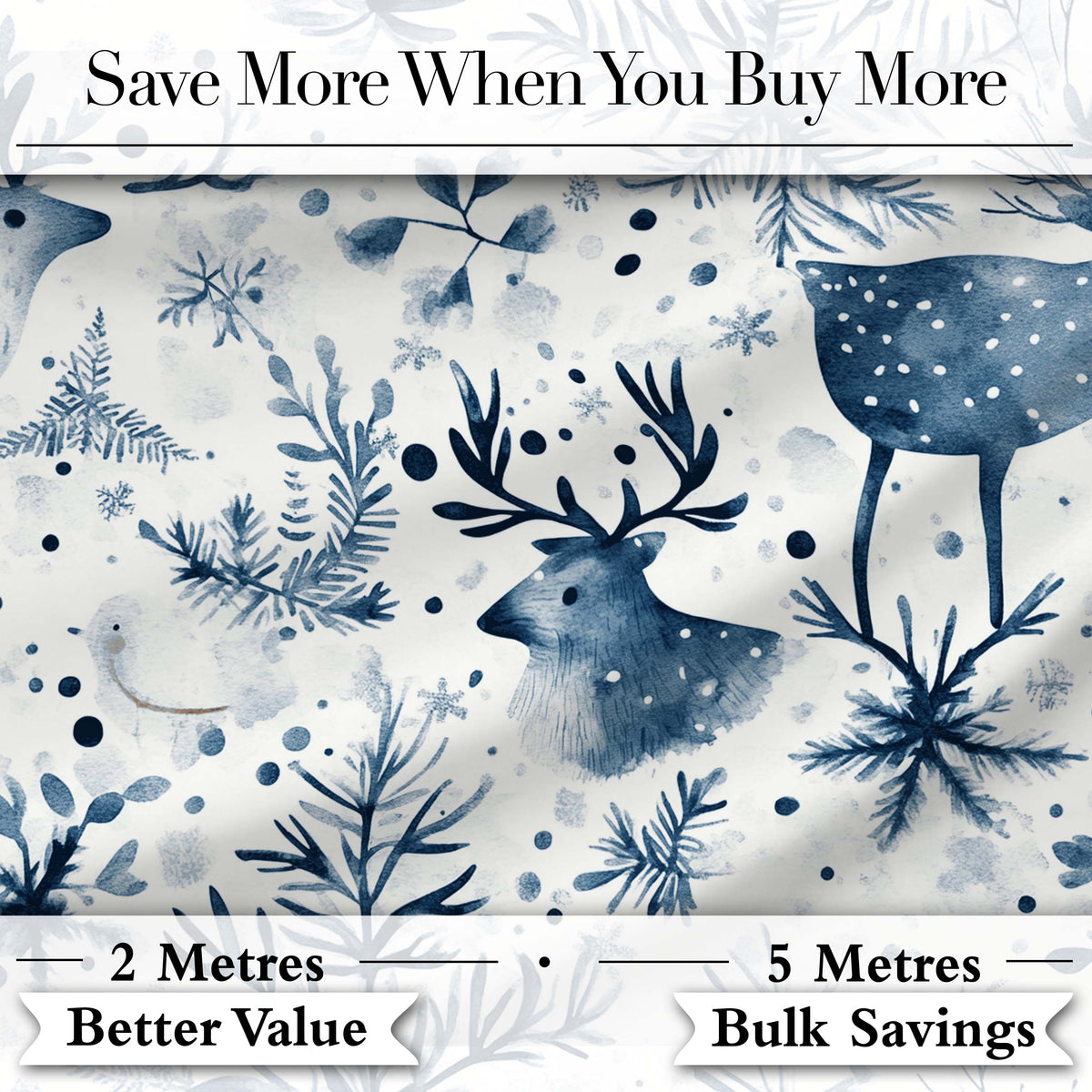 Winter Woodland Deer Snowflake Blue Seamless Pattern Digital Print Fabric by the Metre UK Sewing Quilting Textile