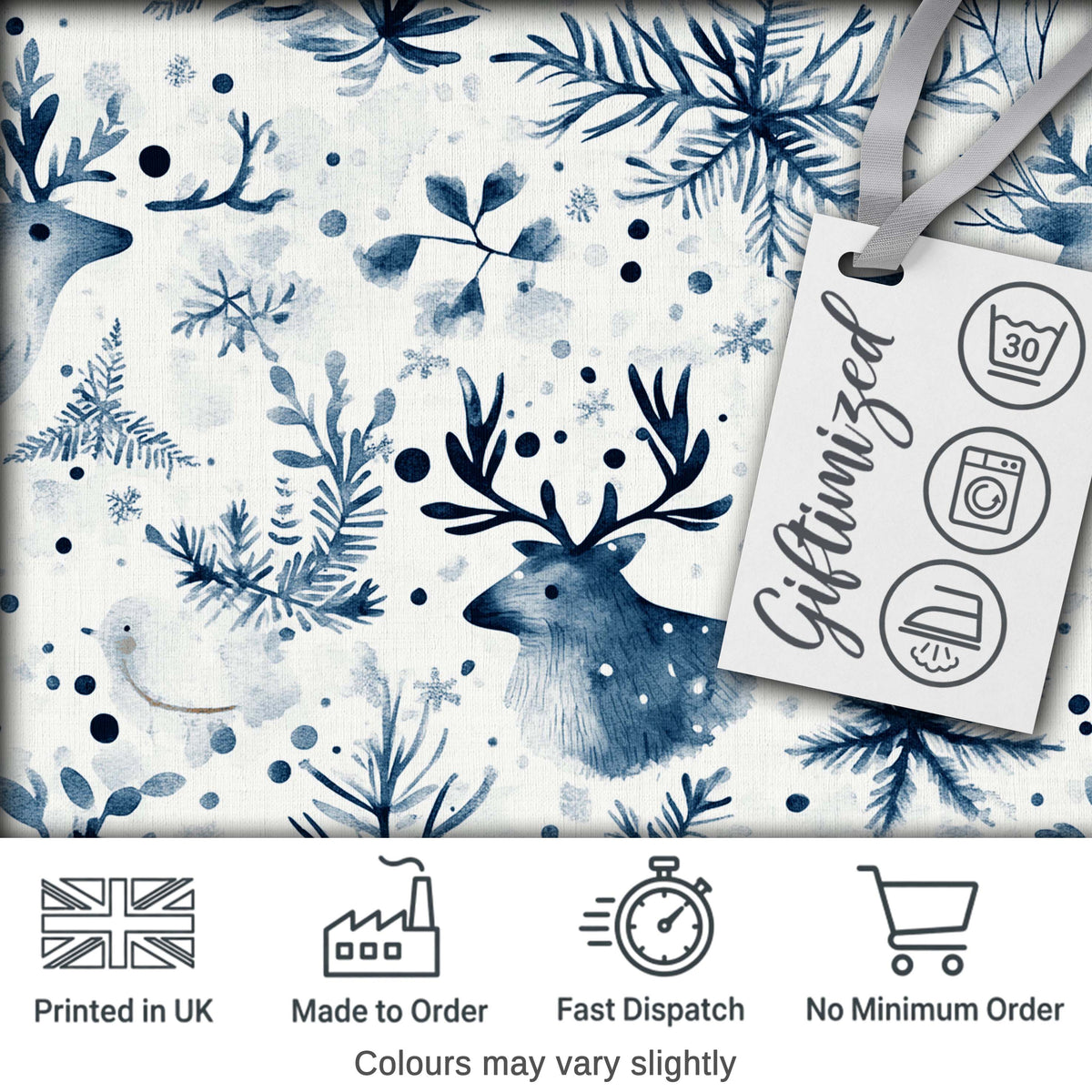 Winter Woodland Deer Snowflake Blue Seamless Pattern Digital Print Fabric by the Metre UK Sewing Quilting Textile