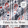 Hand Drawn Botanical Winter Leaves Red Blue Seamless Pattern Digital Print Fabric by the Metre UK Sewing Quilting Textile