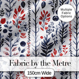 Hand Drawn Botanical Winter Leaves Red Blue Seamless Pattern Digital Print Fabric by the Metre UK Sewing Quilting Textile