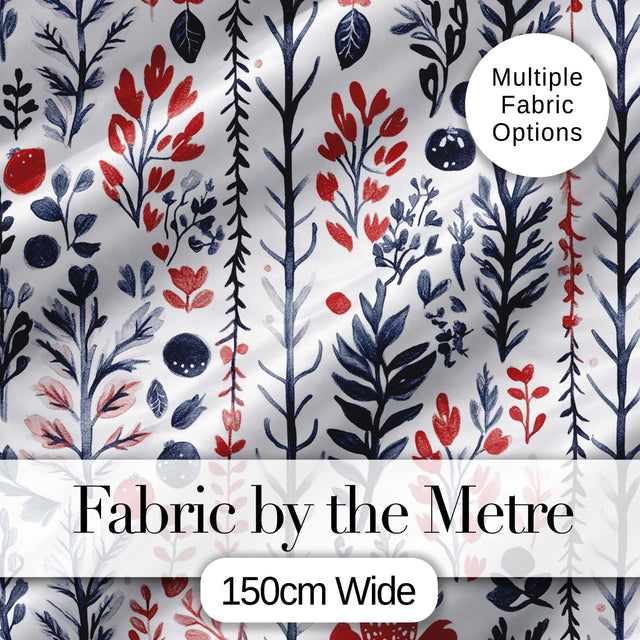 Hand Drawn Botanical Winter Leaves Red Blue Seamless Pattern Digital Print Fabric by the Metre UK Sewing Quilting Textile
