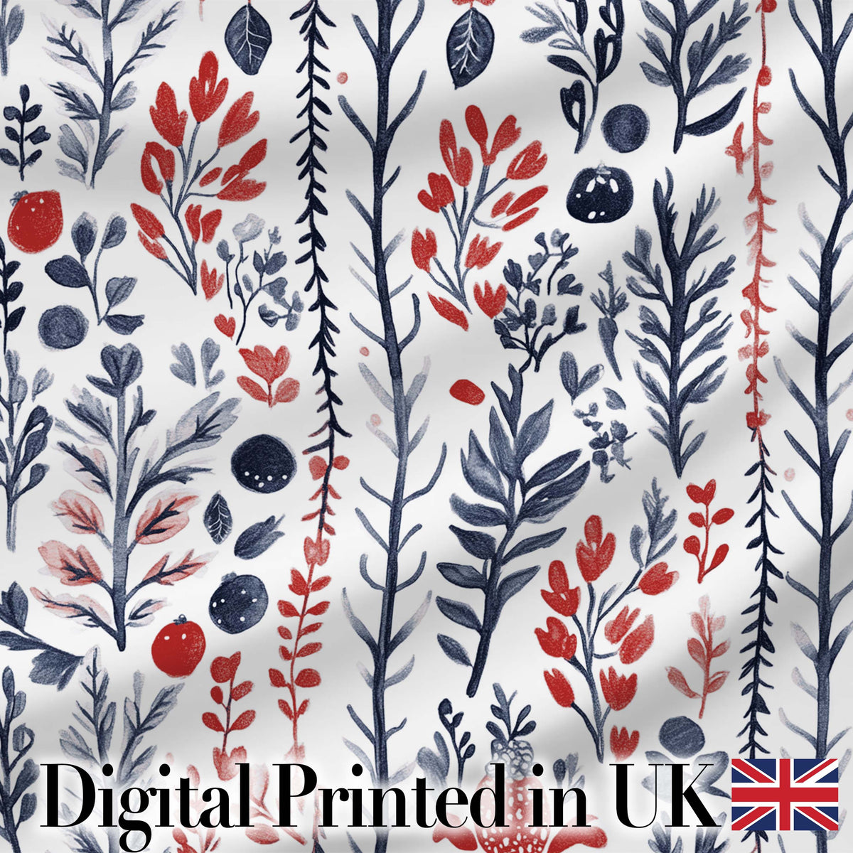 Hand Drawn Botanical Winter Leaves Red Blue Seamless Pattern Digital Print Fabric by the Metre UK Sewing Quilting Textile