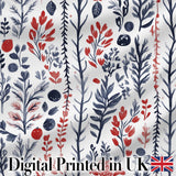 Hand Drawn Botanical Winter Leaves Red Blue Seamless Pattern Digital Print Fabric by the Metre UK Sewing Quilting Textile