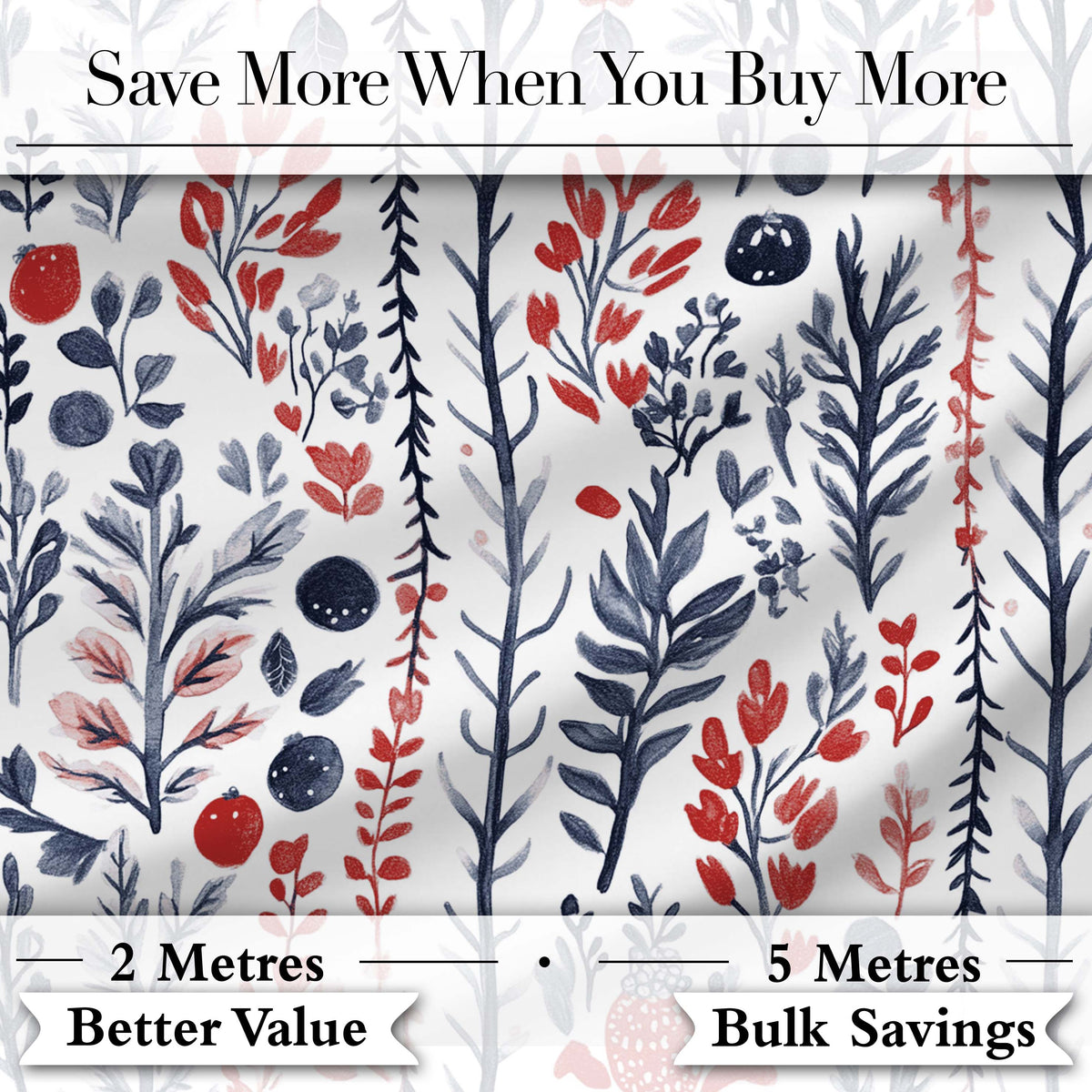 Hand Drawn Botanical Winter Leaves Red Blue Seamless Pattern Digital Print Fabric by the Metre UK Sewing Quilting Textile