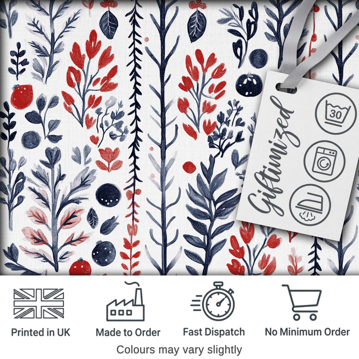 Hand Drawn Botanical Winter Leaves Red Blue Seamless Pattern Digital Print Fabric by the Metre UK Sewing Quilting Textile