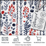 Hand Drawn Botanical Winter Leaves Red Blue Seamless Pattern Digital Print Fabric by the Metre UK Sewing Quilting Textile