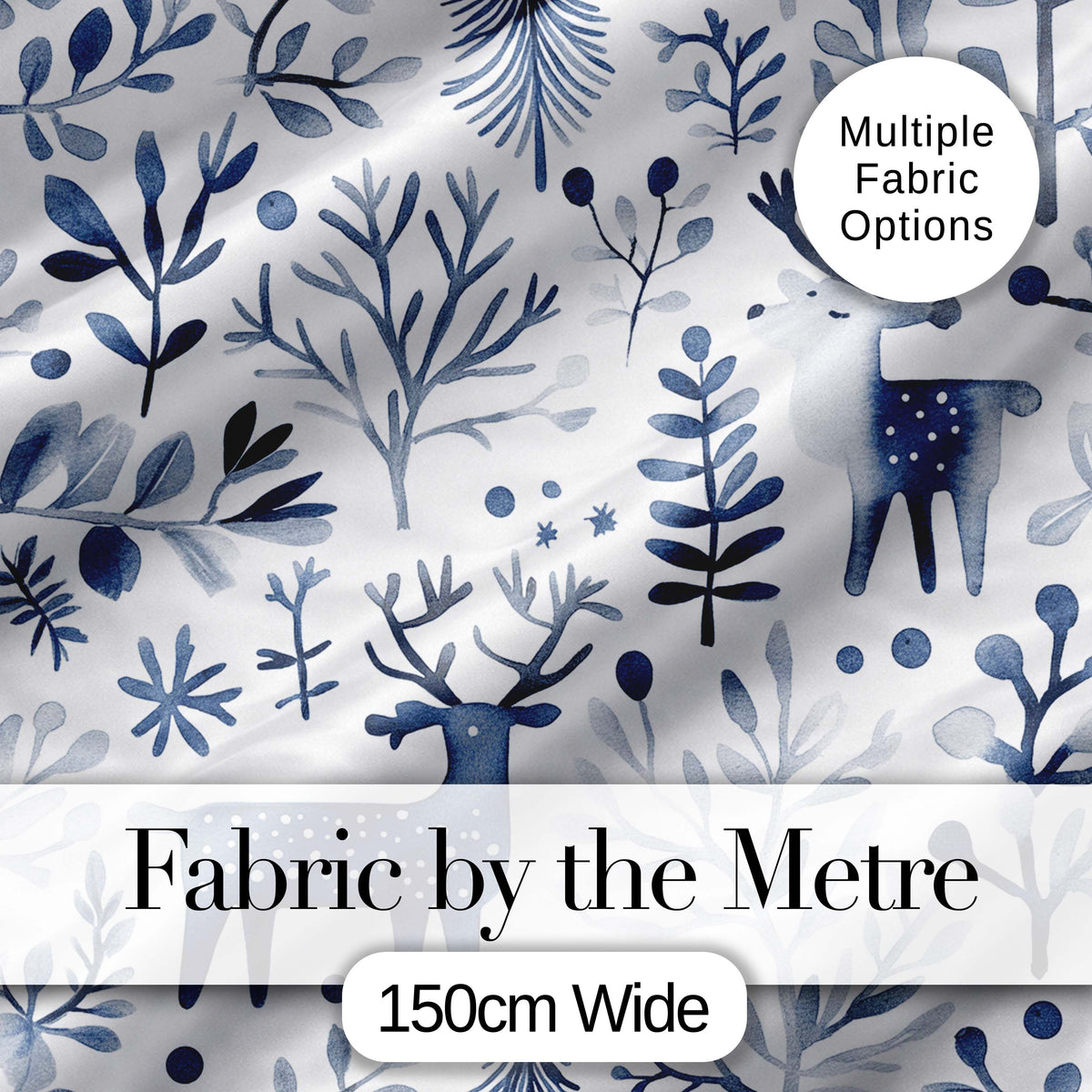 Minimal Nordic Deer Botanical Blue Grey Seamless Pattern Digital Print Fabric by the Metre UK Sewing Quilting Textile