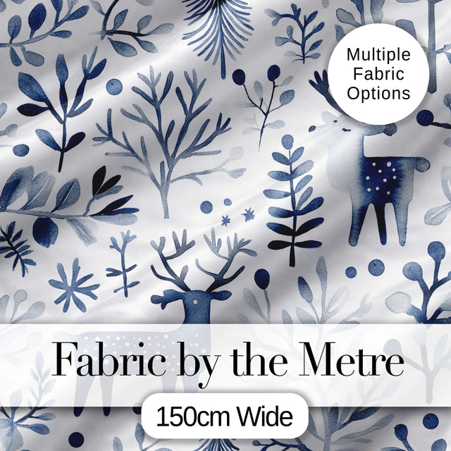 Minimal Nordic Deer Botanical Blue Grey Seamless Pattern Digital Print Fabric by the Metre UK Sewing Quilting Textile