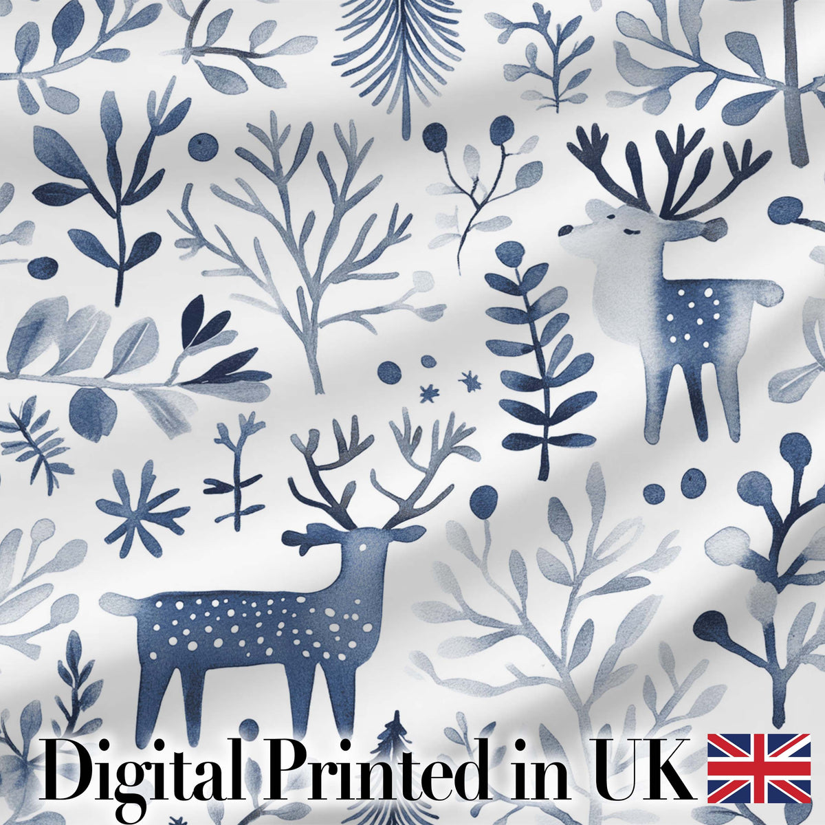 Minimal Nordic Deer Botanical Blue Grey Seamless Pattern Digital Print Fabric by the Metre UK Sewing Quilting Textile